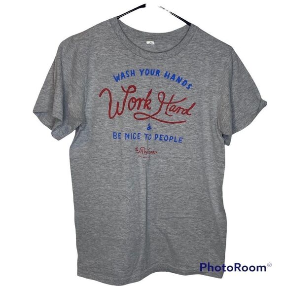 Graghic tee t shirt Wash your Hands Work Hard & Be nice to people gray skinny S - Picture 1 of 4